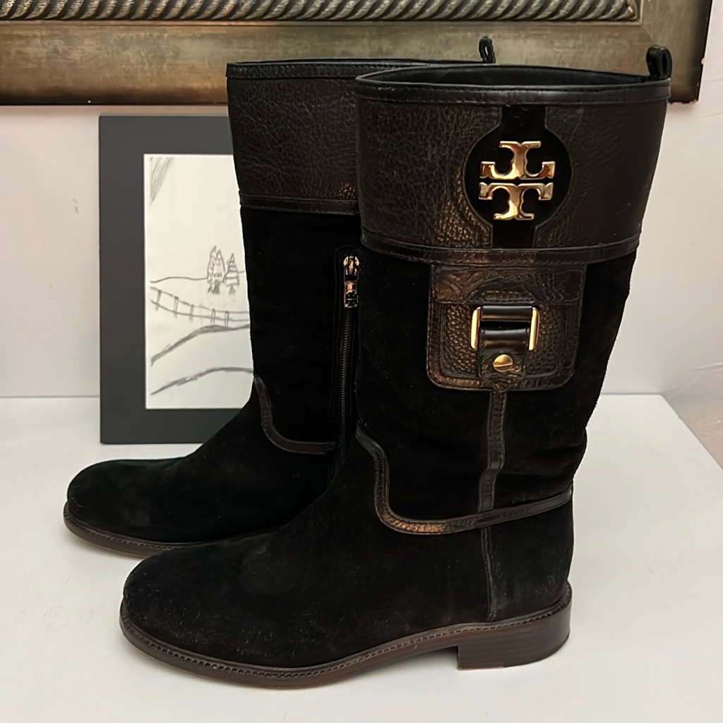 Tory Burch Boots Black Leather Suede Mid Calf Side Zip Logo Women’s Size 8.5